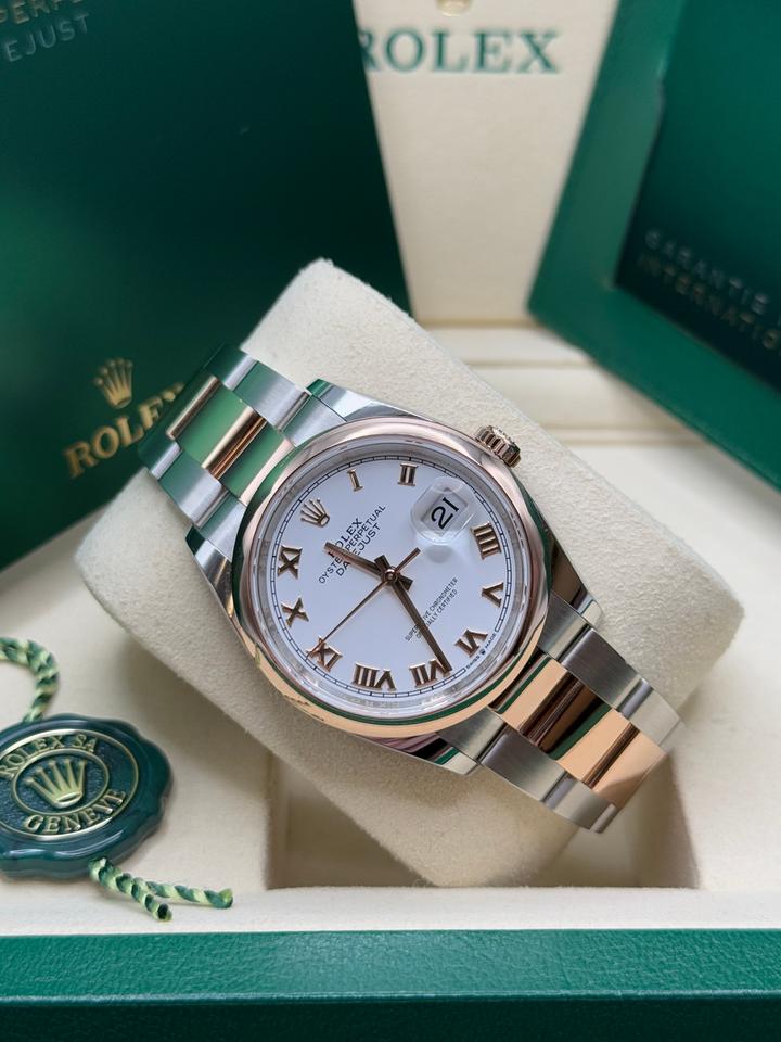 Rolex Datejust 36 New 2026 White Roman Dial Two Tone Rose Gold Oyster