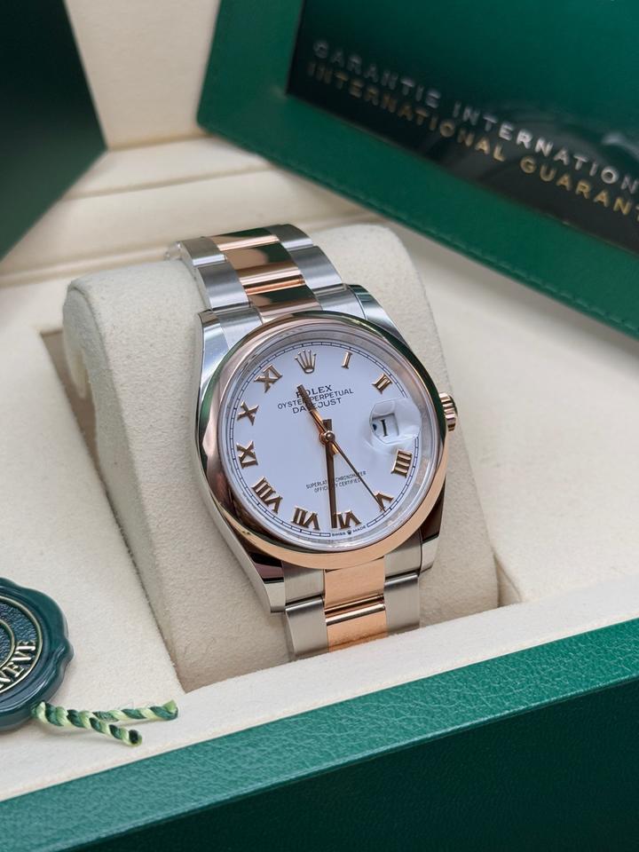 Rolex Datejust 36 New 2026 White Roman Dial Two Tone Rose Gold Oyster