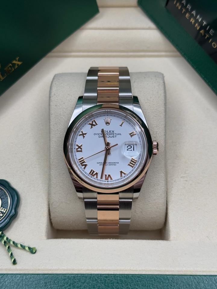 Rolex Datejust 36 New 2026 White Roman Dial Two Tone Rose Gold Oyster