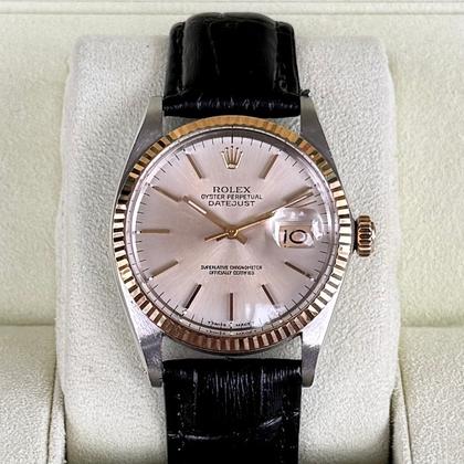 Rolex Datejust 36 16013 1983 Two Tone Silver Dial Leather Strap
