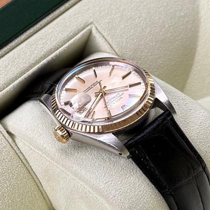 Rolex Datejust 36 16013 1983 Two Tone Silver Dial Leather Strap