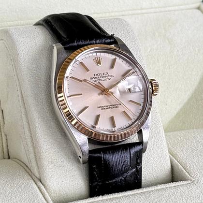 Rolex Datejust 36 16013 1983 Two Tone Silver Dial Leather Strap